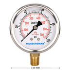 MEASUREMAN Lead-Free Pressure Gauge, 2-1/2inch Dial, Glycerin Filled, 0-100psi/kpa, Stainless Steel Case, 1/4inchNPT Lower Mount