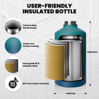 Insulated Water Bottle 64 oz, Triple Wall Vacuum Stainless Steel (Cold for 48 Hrs), Leak Proof & Non-BPA, Half Gallon Water Flask Jug with Paracord Handle & Straw Spout Lids, Cyan Blue