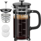 QUQIYSO French Press Coffee Maker 304 Stainless Steel French Press with 4 Filter, Heat Resistant Durable, Easy to Clean, Borosilicate Glass Coffee Press, 100% BPA Free Glass Teapot, 21 ounce, Black