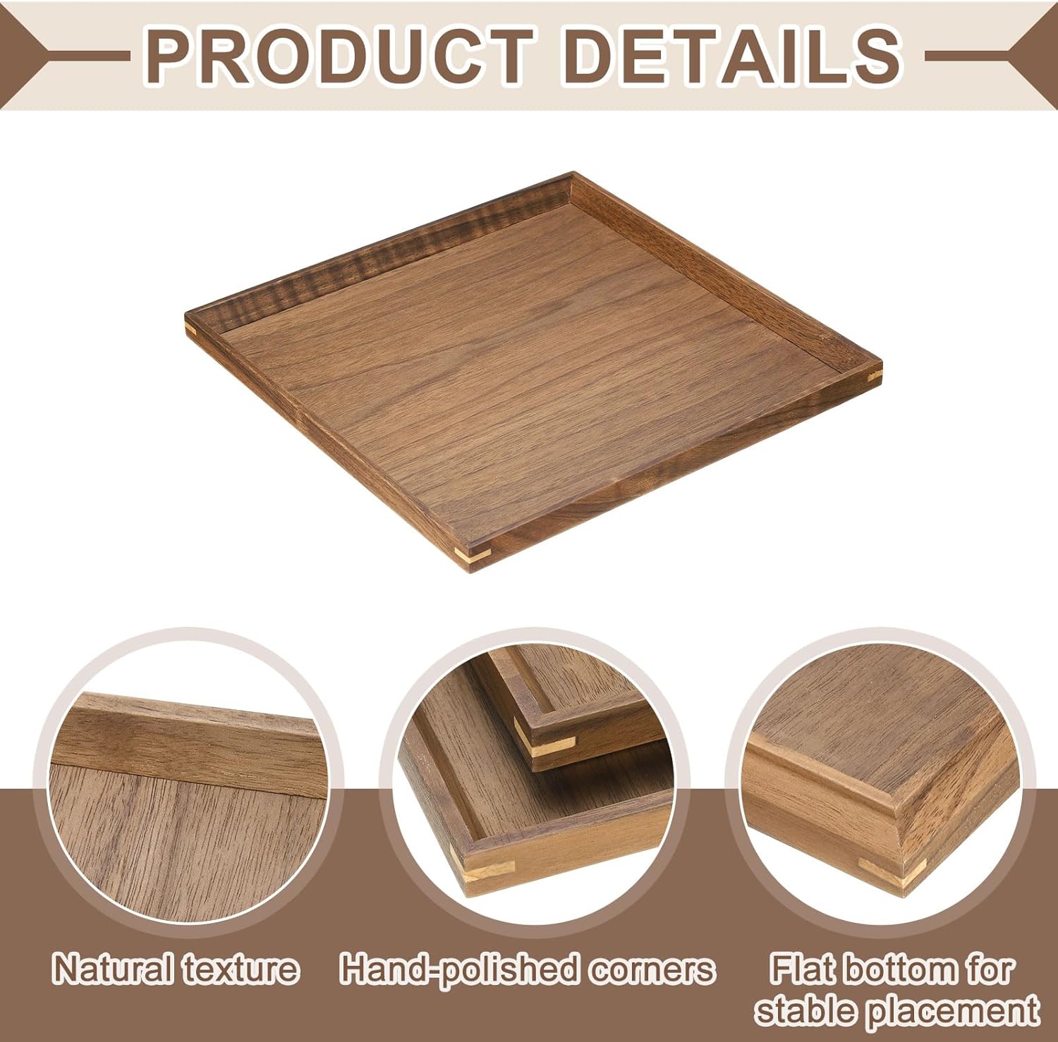 uxcell Bamboo Serving Tray, 10 x 10 Inch Square Wooden Trays Portable Serving Platters for Food Fruit, Snacks, Bread, Vanity, Weddings, Picnics, Brown (Inner Slant)