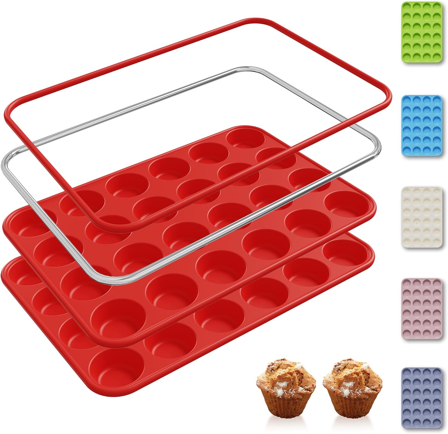 2 Pack 24 Cups Silicone Mini Muffin Pan with Metal Reinforced Frame Silicone Molds Cupcake Cake Baking Cheesecake Pans Cookie Baking Chocoflan Cupcake Mold Mini Bundt Cake Pan Women Gift