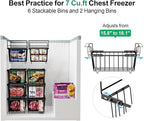 iSPECLE Freezer Organizer Bins 5 Pack- Fit 14.2~16.5 Inch Wide Chest Freezer, 7 Cu.Ft Deep Freezer Organizer Bins, 2 Small Expandable Hanging Baskets and 3 Stackable Bins, Black