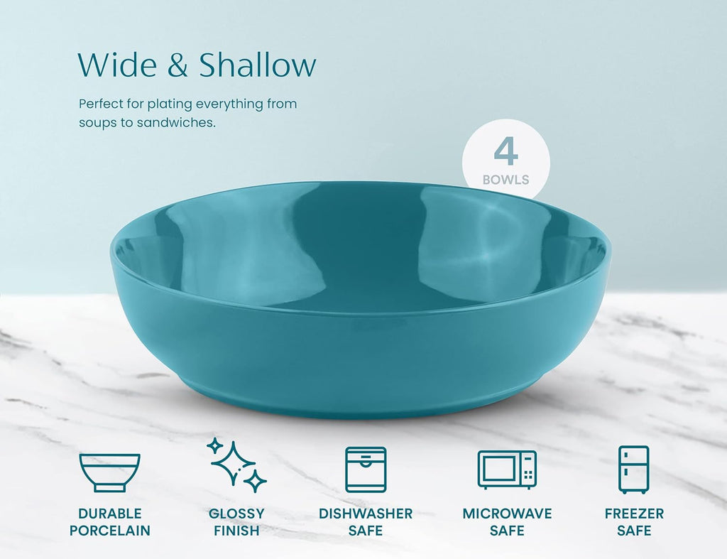 KooK Pasta Bowl, Salad Bowls, Soup, Serving Bowls, Ceramic, Large Capacity, Microwave & Dishwasher Safe, Set of 4, 40 Oz,(Ocean Blue)