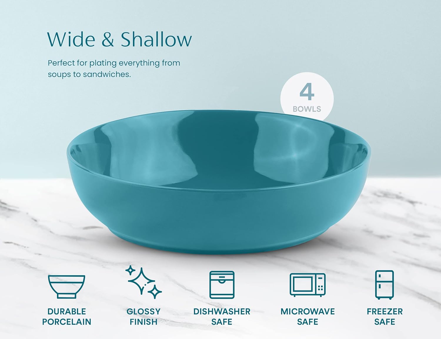 KooK Pasta Bowl, Salad Bowls, Soup, Serving Bowls, Ceramic, Large Capacity, Microwave & Dishwasher Safe, Set of 4, 40 Oz,(Ocean Blue)