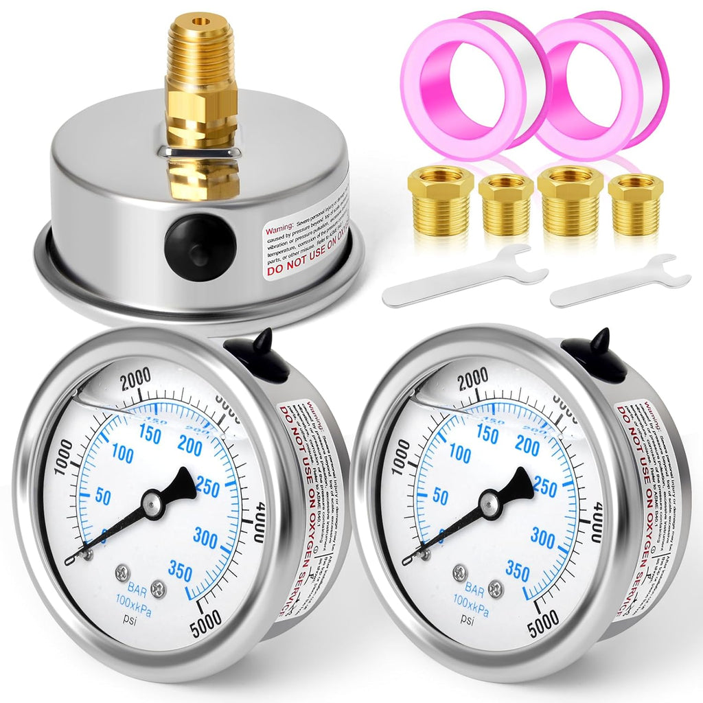 MEANLIN MEASURE 0~5000Psi Stainless Steel 1/4" NPT 2.5" FACE DIAL Liquid Filled Pressure Gauge WOG Water Oil Air Center Back Mount(Pack of 2