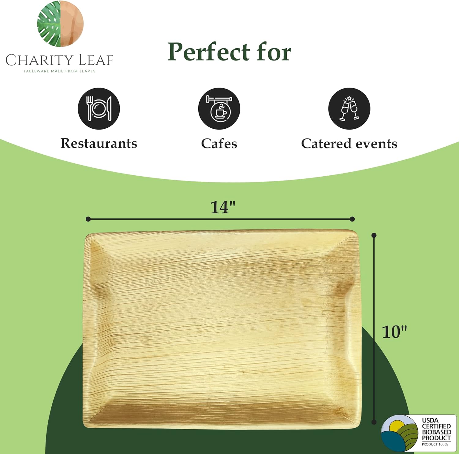 Charity Leaf Disposable Palm Leaf 14" x 10" Trays (100 Pieces) Bamboo Like Serving Platters, Disposable Boards, Eco-Friendly Dinnerware for Weddings, Catering, Events