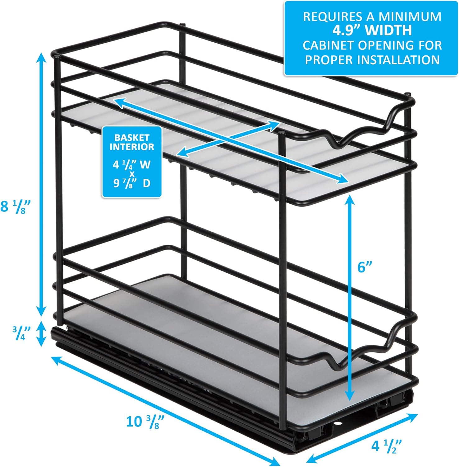 Pull Out Cabinet Organizer for Spices, Cans - Heavy Duty with Lifetime Limited Warranty- Pull Out Spice Rack- Cabinet Pull Out Shelf for Cans,Dishes, Etc, 4-1/2"Wx10-3/8"Dx8-7/8"H, Black