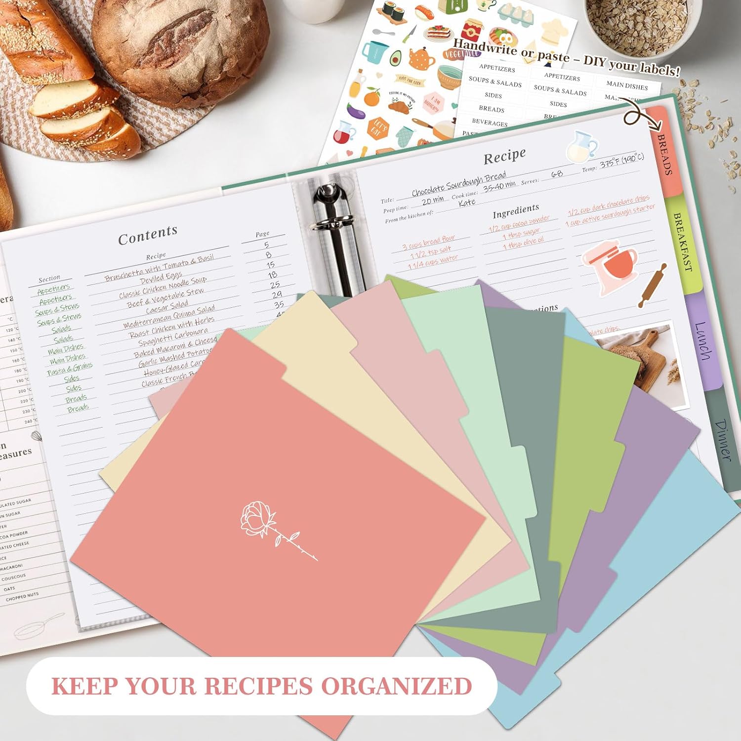 Lanpn Recipe Binder 8.5x11 3 Ring Kit, Blank Organizer Recipe Binder Waterproof Cookbook to Write in Your Own Recipes with 60 Plastic Sleeves,116 Recipes, Dividers,Labels & Stickers, Pink