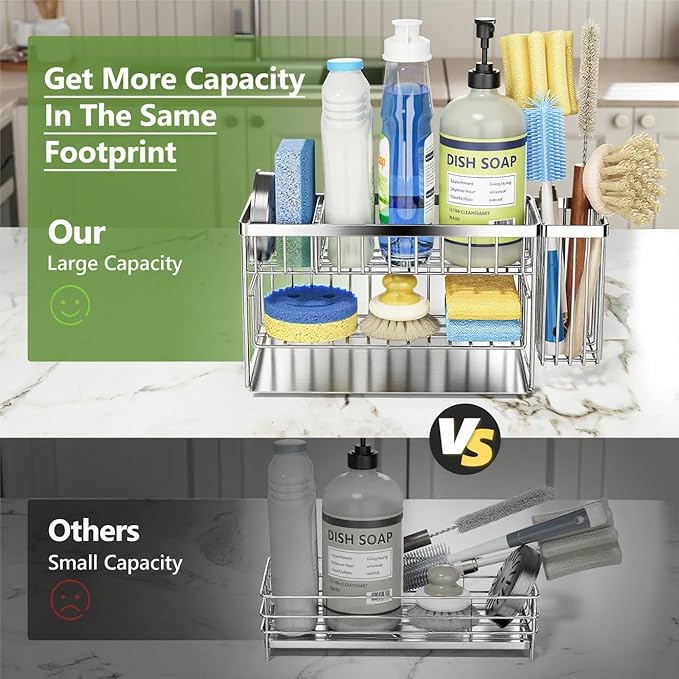 Cisily Silver 2-Tier Kitchen Sink Caddy Organzier Rack with Flexible Dish Brush Holder, Sponge Holder for Kitchen Sink Countertop Organization Storage,Home Decor Stainless Steel