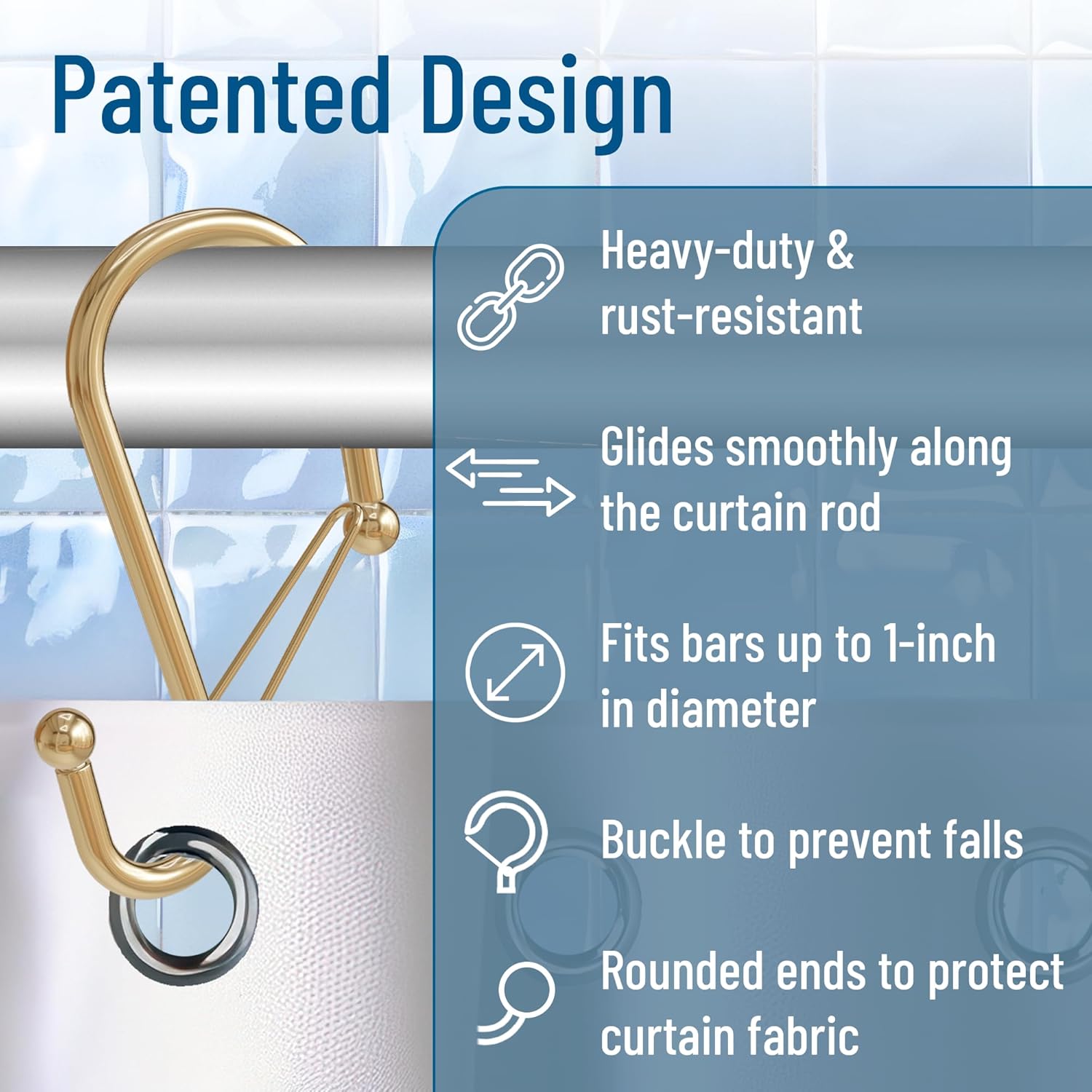 12 Decorative Metal Shower Curtain Hooks, S-Shaped Hooks with Anti-Fall System, Rust-Proof Shower Rings with Safety Buckle, Fits Rods Up to 1-Inch Diameter (S, Gold)