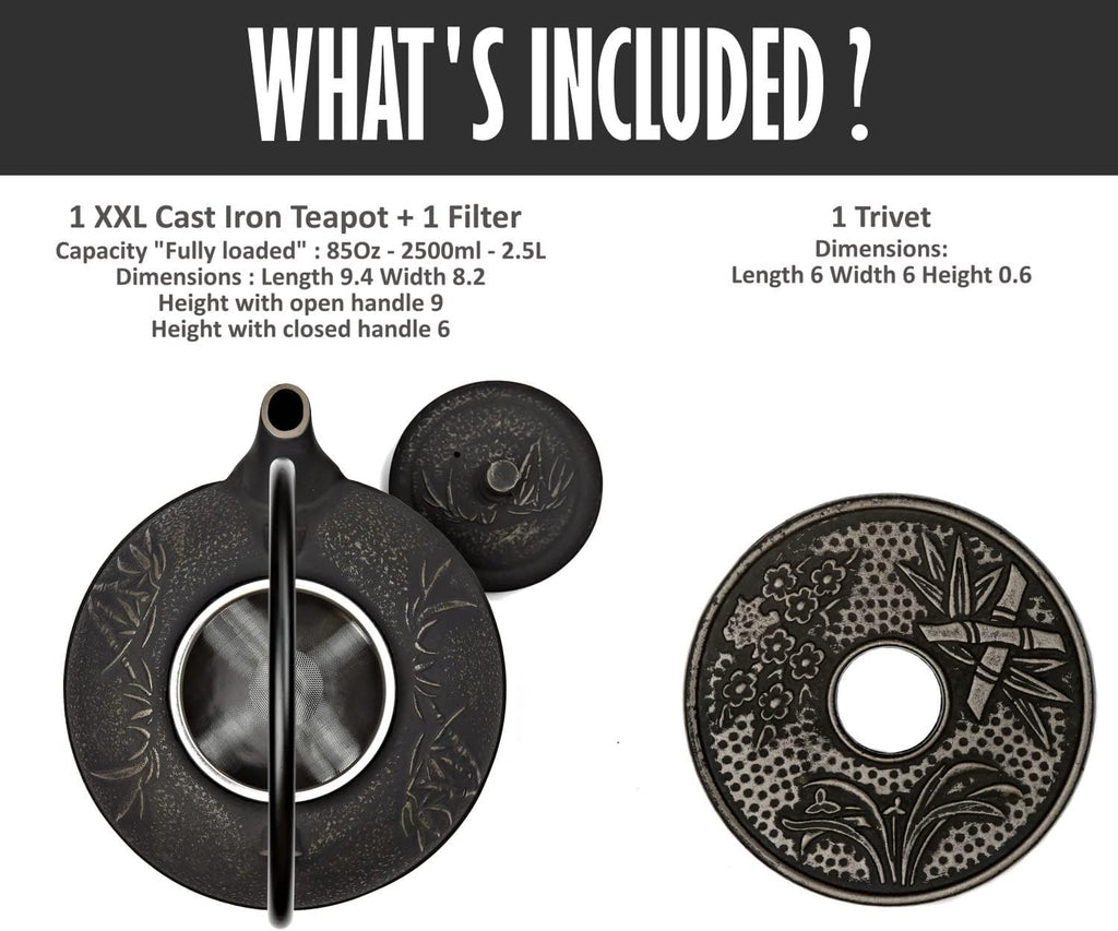 XXL Japanese Cast Iron Teapot with Infuser & Matching Trivet - Large 85 Oz/2500ml Tetsubin Loose Leaf Tea Pot with Enamel Interior - Handcrafted Big Cast Iron Tea Kettle Humidifier Set - Black