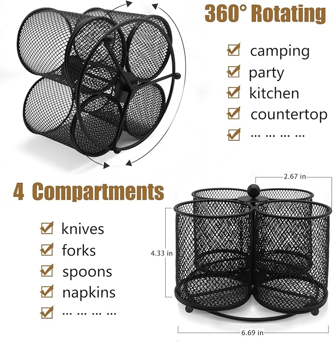 Silverware Holder Utensil Caddy - 360° Rotating Silverware Caddy 4 Compartment Metal Cutlery Organizer Fork Spoon Napkin Plastic Flatware Storage Basket Party Countertop Picnic Outdoor Black