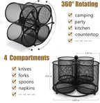 Silverware Holder Utensil Caddy - 360° Rotating Silverware Caddy 4 Compartment Metal Cutlery Organizer Fork Spoon Napkin Plastic Flatware Storage Basket Party Countertop Picnic Outdoor Black