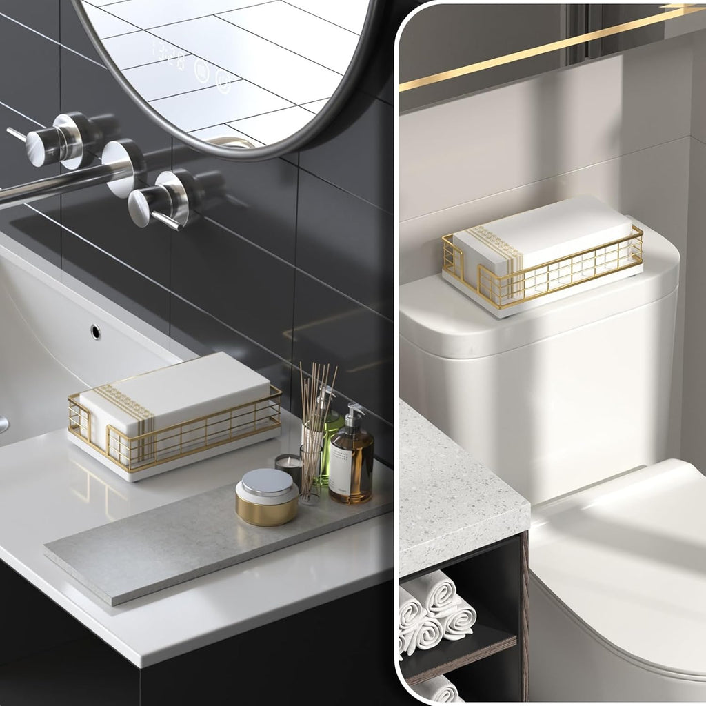 Wican Guest Towel Holder Tray for Bathroom, Oak and Iron Napkins Holder for Powder Room Dinning Table Wooden Basket for Disposable Paper Hand Towels Gold and White