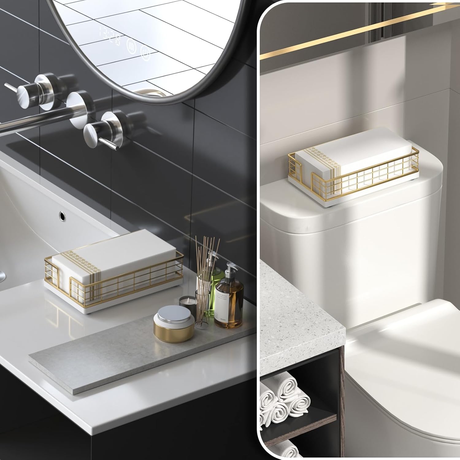 Wican Guest Towel Holder Tray for Bathroom, Oak and Iron Napkins Holder for Powder Room Dinning Table Wooden Basket for Disposable Paper Hand Towels Gold and White