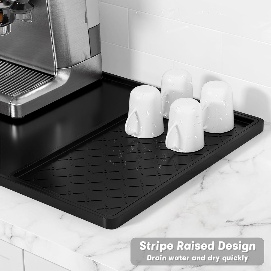 Rnivvi Silicone Coffee Mat, 16" x 24" Waterproof Raised Edge Coffee Bar Mats for Espresso Machine Station Accessories, Heat Resistant Detachable Dish Drying Pad for Kitchen Counter, Dish Rack, Black