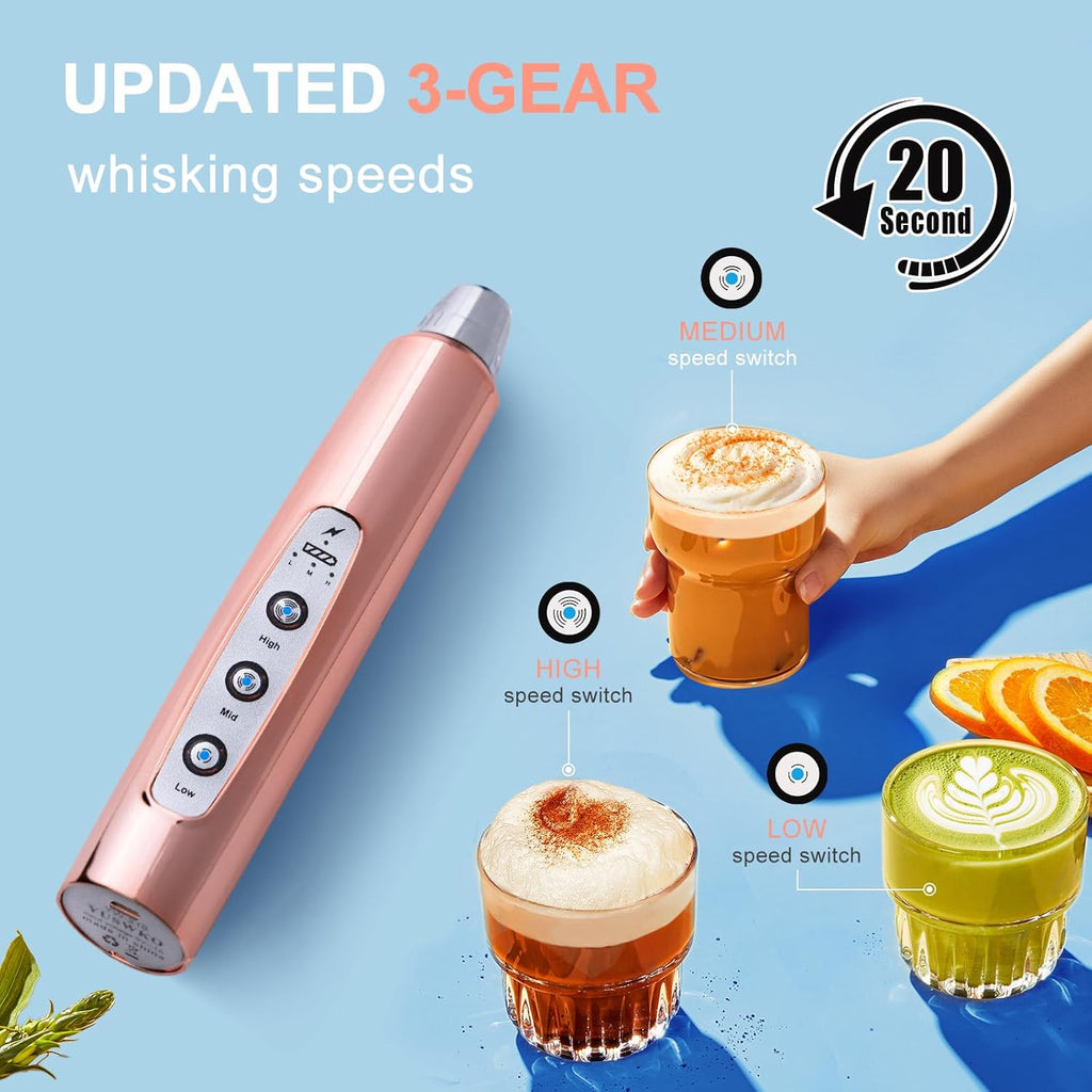 YUSWKO Rose Gold Handheld Milk Frother Wand for Coffee, Rechargeable Electric Whisk with 3 Heads 3 Speeds Drink Mixer Coffee Frother For Latte, Cappuccino, Hot Chocolate, Egg