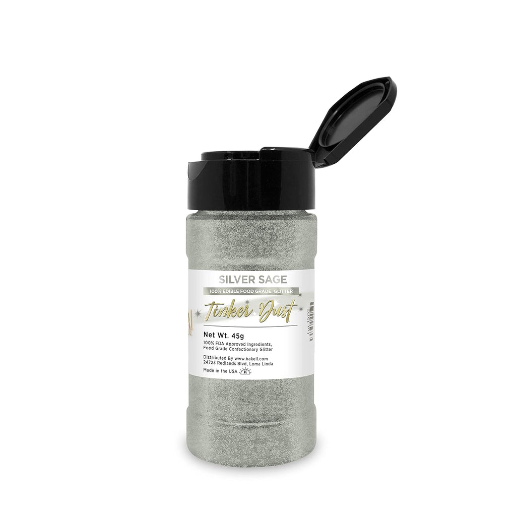 Silver Sage BAKELL Edible Glitter, 45 Grams | TINKER DUST Edible Glitter | KOSHER Certified | 100% Edible Glitter | Cakes, Cupcakes, Cake Pops, Drinks, Dessert Vegan Glitter & Dusts (45g Shaker, Silver Sage)