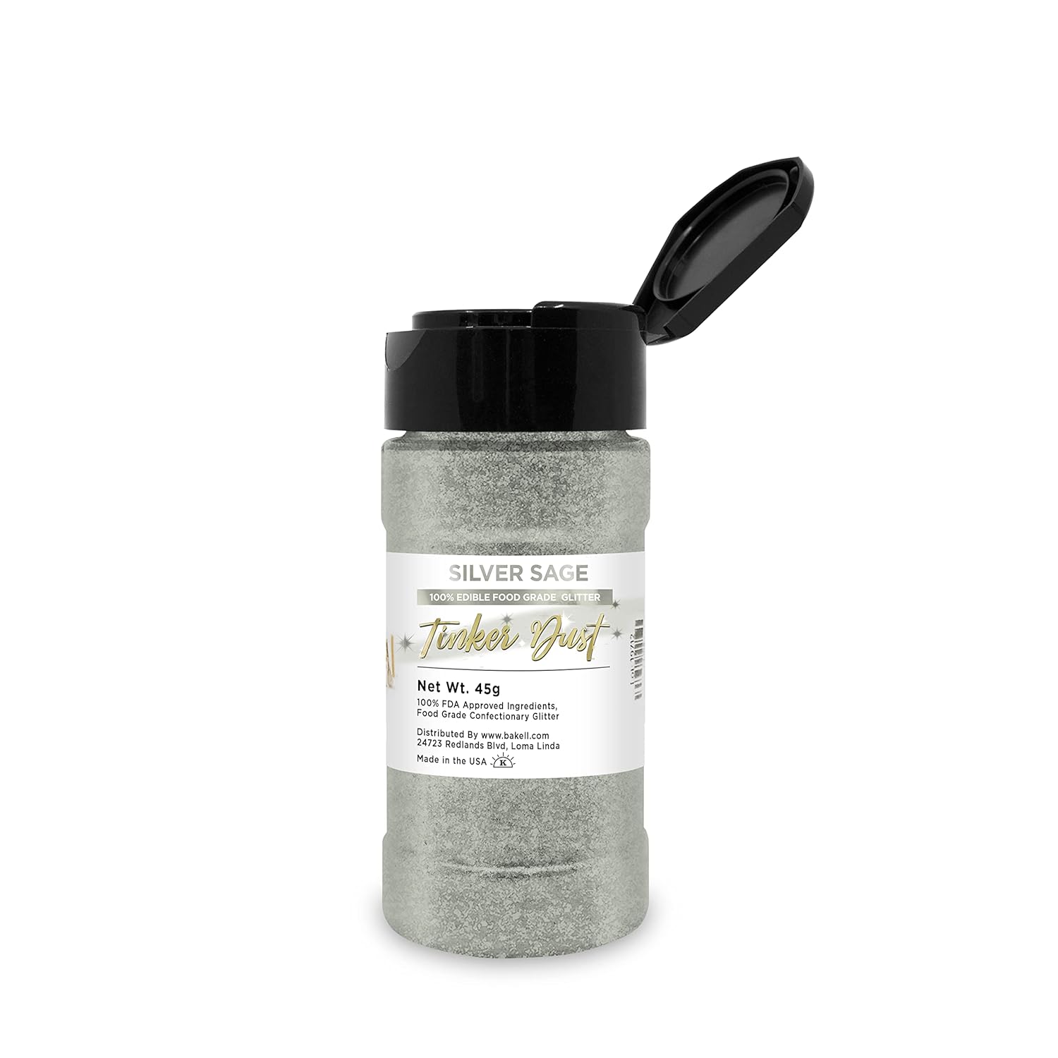 Silver Sage BAKELL Edible Glitter, 45 Grams | TINKER DUST Edible Glitter | KOSHER Certified | 100% Edible Glitter | Cakes, Cupcakes, Cake Pops, Drinks, Dessert Vegan Glitter & Dusts (45g Shaker, Silver Sage)