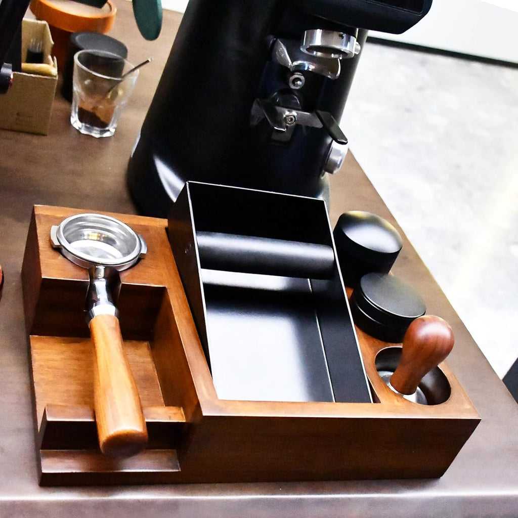13.4'' Large Espresso Knock Box and Tamping Station, Solid Wood Espresso Accessories Organizer Box for 51MM-58MM Tamper, Distributor, Portafilter, High-Capacity Espresso Coffee Organizer