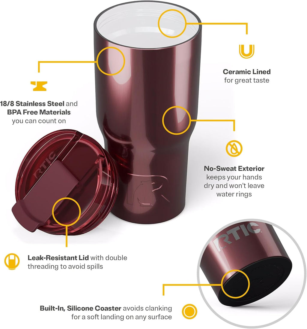 RTIC 20oz Essential Tumbler with Lid, Insulated, Stainless Steel, Metal, Double Wall Vacuum-Insulation, Ceramic Lined, Travel Cup for Iced Coffee, Tea, Hot and Cold Drink, Vintage Rose Metallic