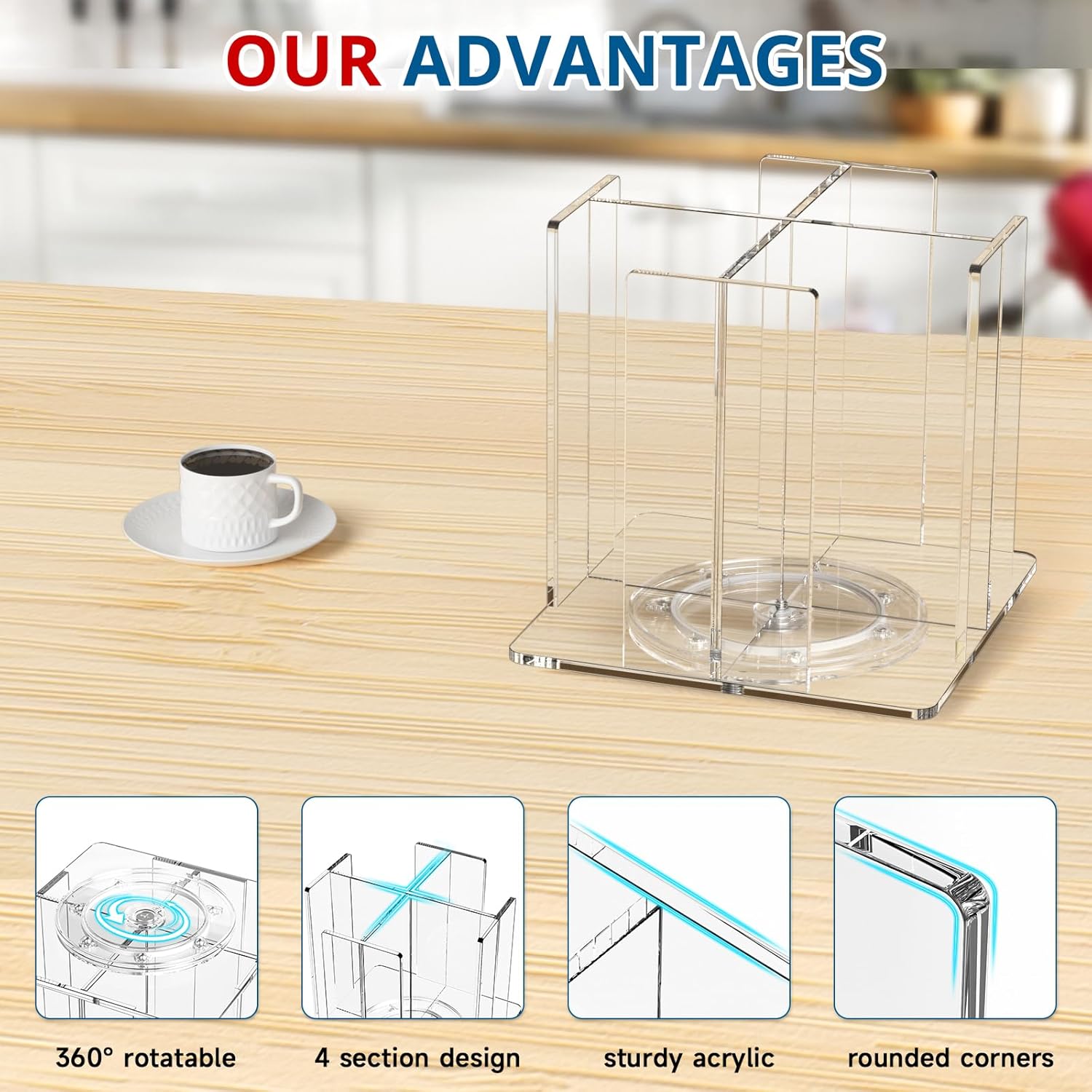 Cup and Lid Holder, 4 Compartment, Square | Rotating Coffee Cup Dispenser Lid Carousel for Restaurant, Buffet, Coffee Station, Bar, Countertop, Clear Acrylic
