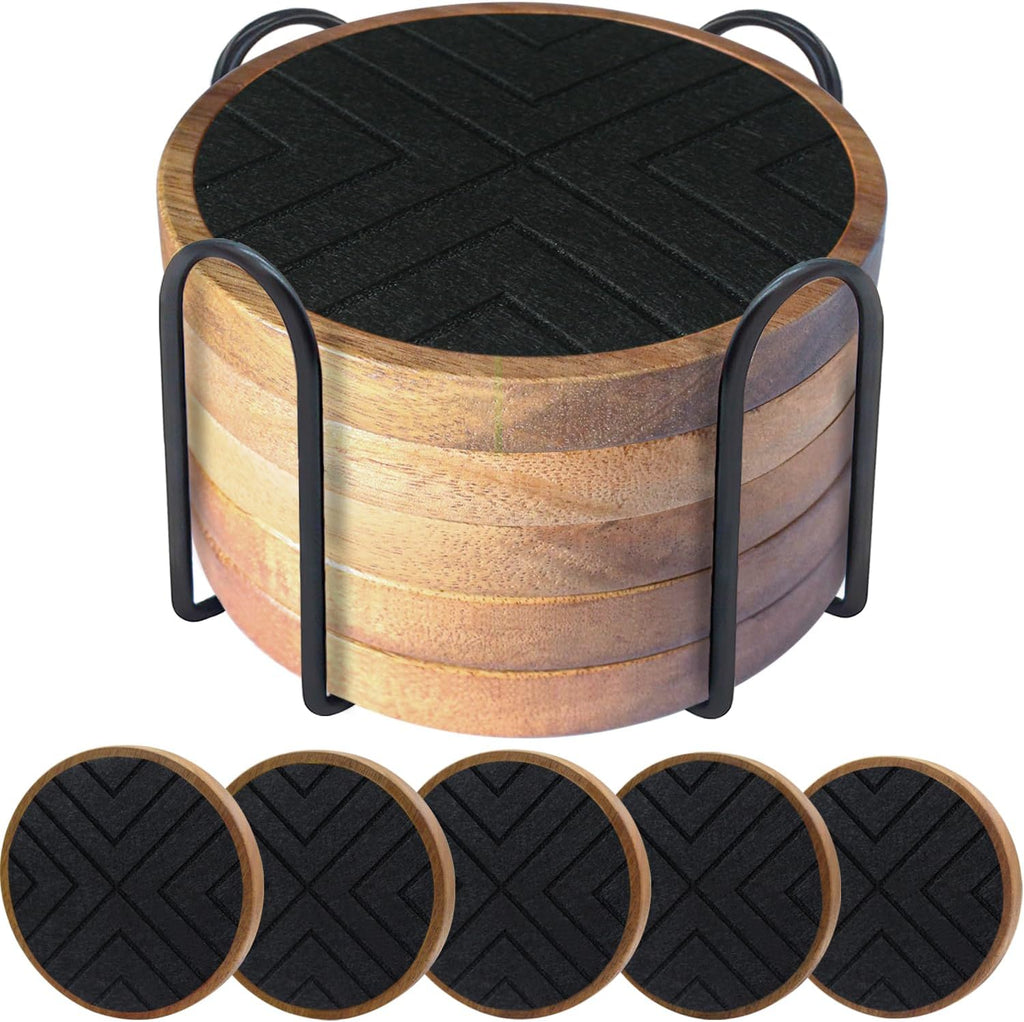 Wood Coasters with Felt Pads, Non-Slip, Non-Stick - 5 Pack Absorbent Coasters for Coffee Table with Holder, Suit for Kinds of Cups 4.3 inch (Black Series)