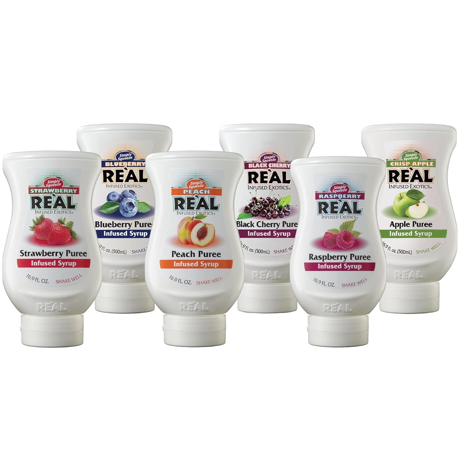 Reàl Fruit Infused Flavoring Syrup Variety - Strawberry, Raspberry, Peach, Blueberry, Black Cherry, Crisp Apple (Pack of 6, 16.9 FL OZ Bottles)