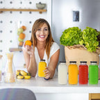 STARSIDE 32 oz Glass Juice Bottles with Lids 4 Pack - Square Reusable Drinking Jars for Juicing, Milk, Kombucha - Includes 1 Bottle Brush, 6 Colored Labels