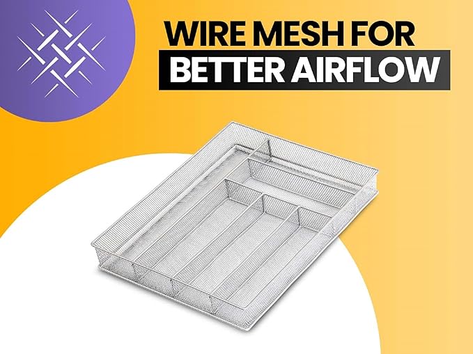 YBM Home Metal Silverware Organizer for In-Drawer Cutlery Storage, 5 Compartment Mesh Cutlery Flatware Tray Sorts Kitchen Utensils, Great for Office Supplies 1133s