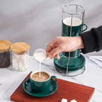 8 Ounce Porcelain Cappuccino Cups with Saucers and Silver Stand, Green Cups Set of 4