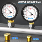 MEANLIN MEASURE -30inHG~30Psi Stainless Steel 1/4" NPT 2.5" FACE DIAL Vacuum Pressure Gauge, Lower Mount (with Rubber Protective Sleeve), with 1/2" NPT and 3/8" NPT Hex Bushing