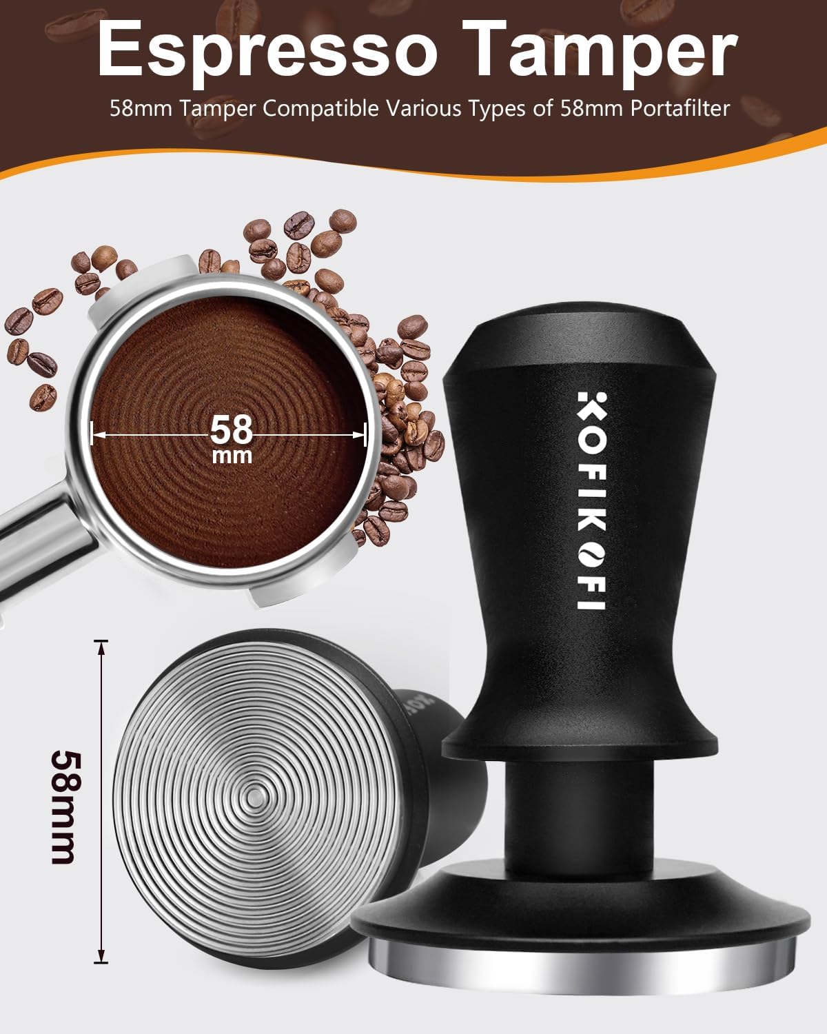 58mm Espresso Tamper, Coffee Tamper with 30lbs Spring Loaded, Espresso Coffee Tamper with Stainless Steel Ripple Base and Aluminum Handle Fits for E61,Breville and All 58mm Espresso Machines