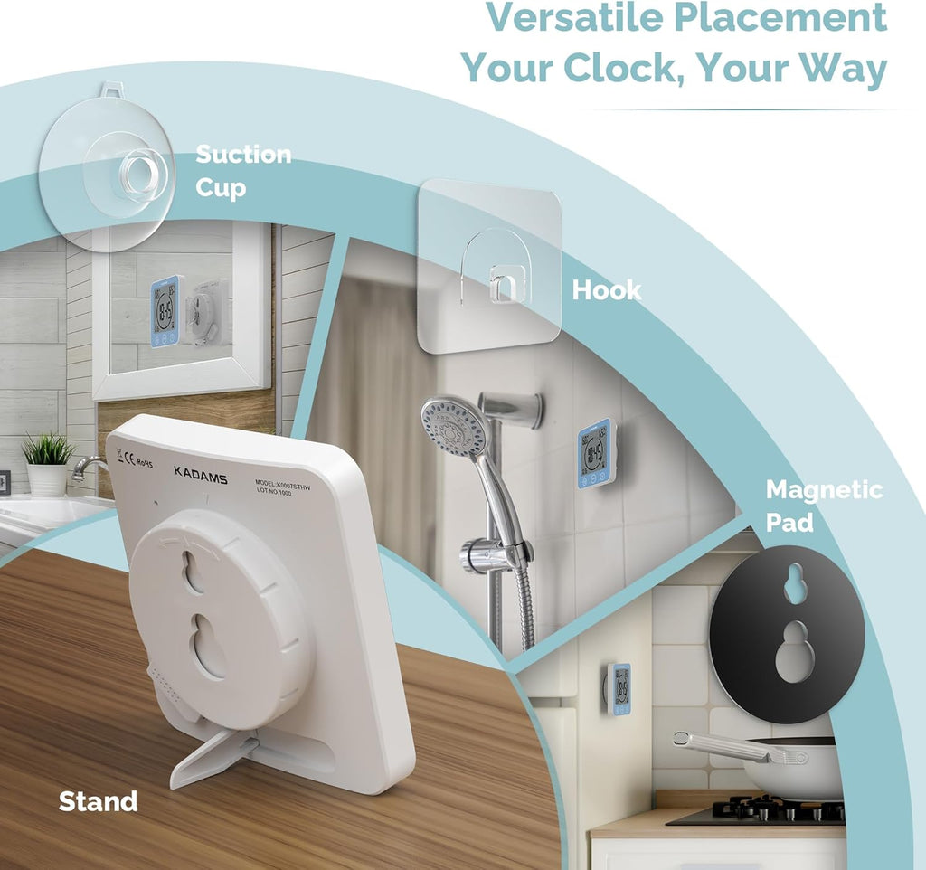 KADAMS Shower Clock Waterproof Bathroom Timer – Digital Wall Clock with Countdown, Magnetic Kitchen Clock with Temperature & Humidity, Suction Cup for Kids Shower Spa Sauna Cook Bath, Blue