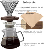 Pour Over Coffee Maker, 20 oz Borosilicate Glass Carafe with 100 pcs V60 Paper Filter, Walnut Handle & Glass Lid, Drip Coffee Maker for Home Café Restaurant Camping, 600 ml, Gray