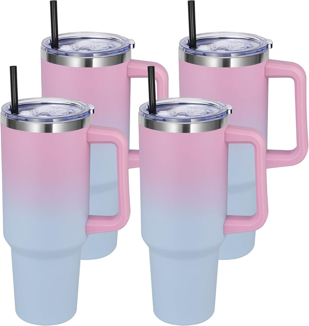 DOMICARE 40 oz Tumbler with Handle and Straw, Stainless Steel Tumbler with Lid and Straw, Reusable Vacuum Insulated Cup, Travel Coffee Mug, Dreamy Pink Blue, 4Pack