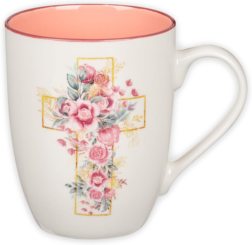 Christian Art Gifts Encouraging Ceramic Coffee & Tea Mug for Women: Rosy Pink Floral Cross, Microwave & Dishwasher Safe Cup, Cute Lead-free Inspirational Encouraging Novelty Drinkware, White, 12 oz.