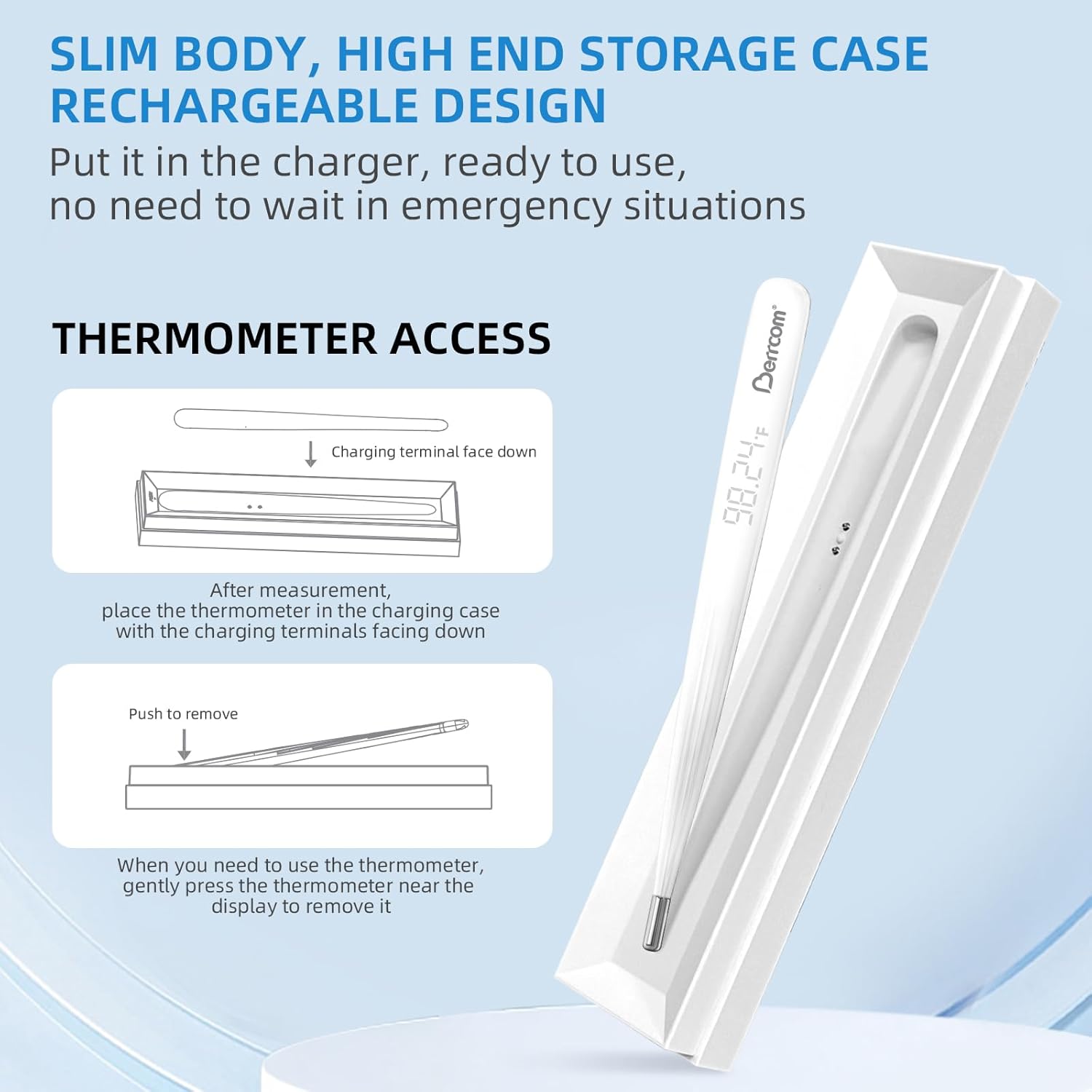 Berrcom Rechargeable Digital Thermometer for Adults and Kids, Medical-Grade Accurate Thermometers with LED Display, Fever Alarm, Fast Reading, Portable