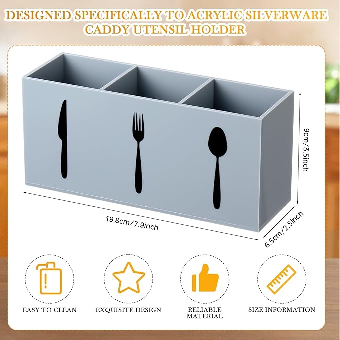 Suzile Acrylic Cutlery Storage Organizer Bin Silverware Caddy Countertop Knife Spoon and Fork Holder Kitchen 3 Section Tableware Storage Box for Cabinet Indoor Home Flatware Dining Room (Gray,M)