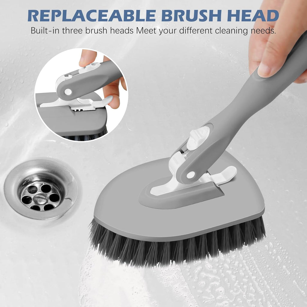 SetSail Floor Scrub Brush, 3-In-1 Tile Tub Floor Scrubber with 52-inch Adjustable Long Handle Shower Cleaner Brush and 4 Detachable Replacement Brush Heads for Cleaning Bathroom Kitchen Tub Tile, Grey