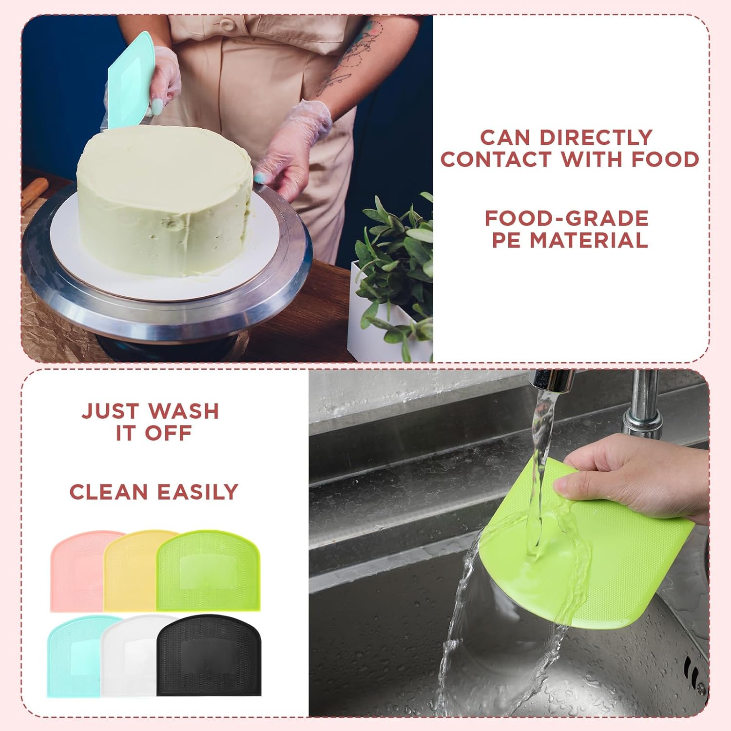 24 Pcs Plastic Dough Scraper Set Multipurpose Bench Cake Cutter Flexible Scraper Spatula for Cake Bread Pizza Food Pastry Icing Kitchen Baking Tool, 6 Colors