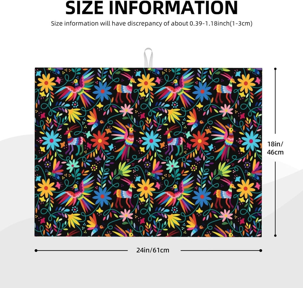 Mexican Colorful Bird and Floral Abstract Dish Drying Mats for Kitchen Counter, 18x24 inch Absorbent Decorative Microfiber Drying Pad, Anti-Slip & Absorption for Sink Small Appliances, Home Decor