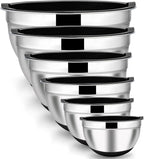 LIANYU Stainless Steel Nesting Mixing Bowls Set of 6 with Airtight Lids, Size 7, 3.5, 2.5, 2, 1.5, 1QT, Large Metal Bowls for Baking Cooking Food Storage, Non-slip Bottom, Black