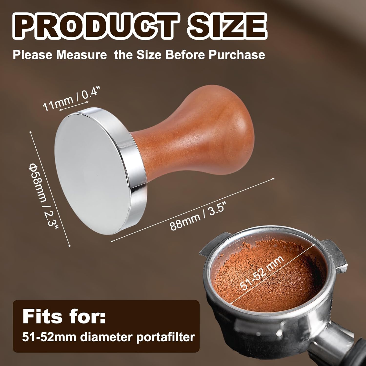 uxcell 58mm Coffee Tamper, Stainless Steel Espresso Press Tamper, Espresso Tamper with Wooden Handle Suitable for Coffee Shop, Restaurant Bar, Bakery (Dark Brown)