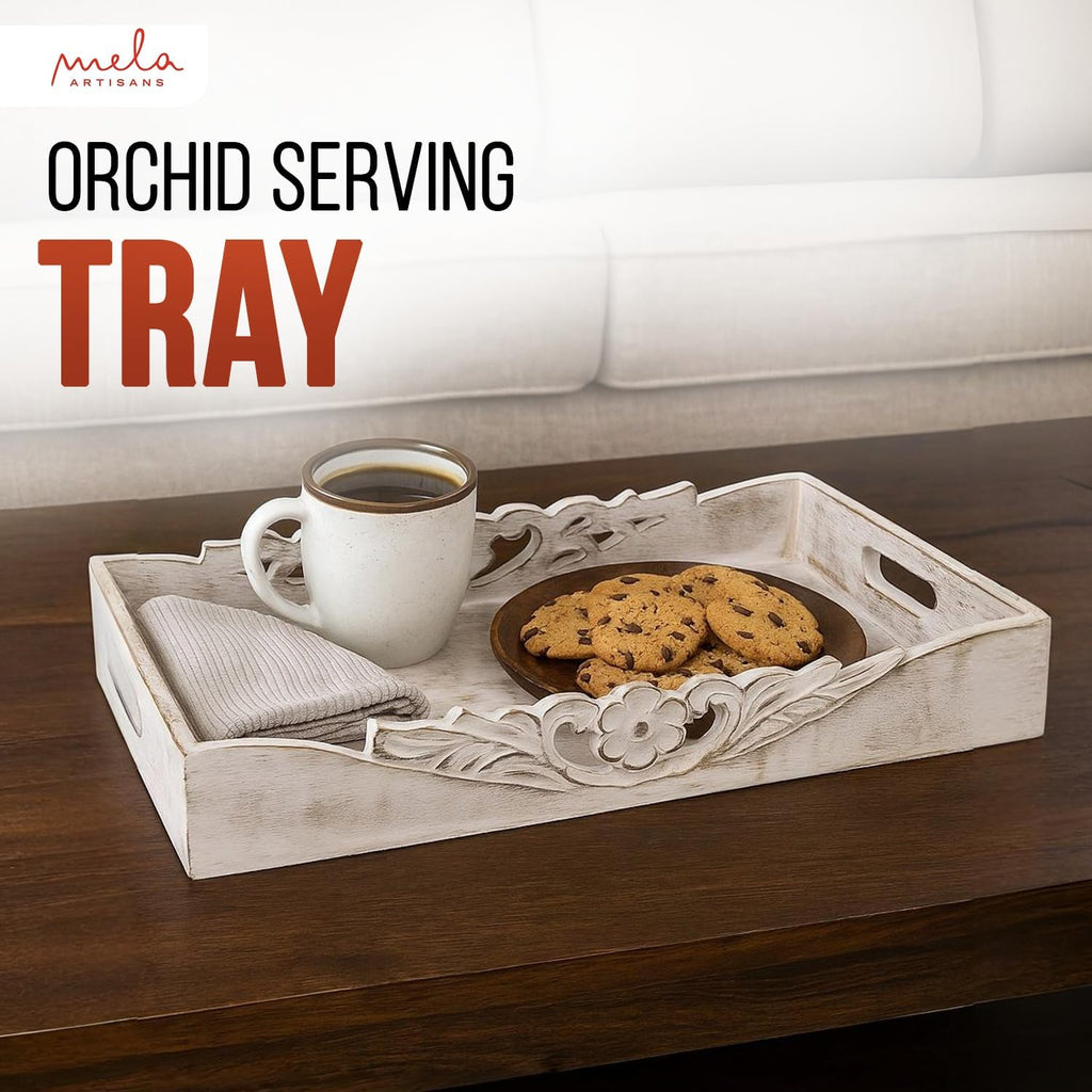 Mela Artisans Distressed White Wooden Decorative Tray with Handles | 16x12x2.5 Mango Wood Ottoman Tray | for Kitchen Countertop | Coffee Table | Snacks | Desserts | Breads | Bedroom Decor