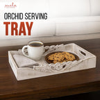 Mela Artisans Distressed White Wooden Decorative Tray with Handles | 16x12x2.5 Mango Wood Ottoman Tray | for Kitchen Countertop | Coffee Table | Snacks | Desserts | Breads | Bedroom Decor