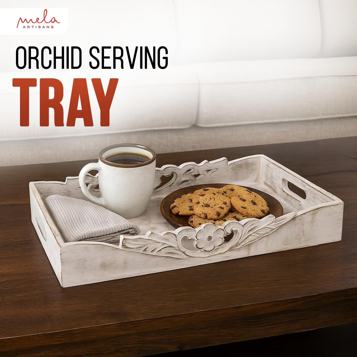 Mela Artisans Distressed White Wooden Decorative Tray with Handles | 16x12x2.5 Mango Wood Ottoman Tray | for Kitchen Countertop | Coffee Table | Snacks | Desserts | Breads | Bedroom Decor