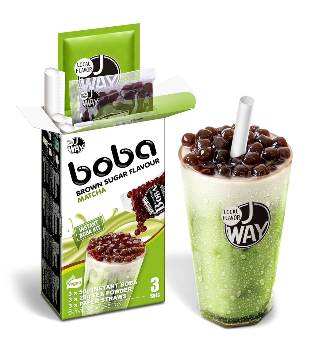 J WAY Instant Boba Bubble Pearl Matcha Milk Tea Kit with Authentic Brown Sugar Tapioca Boba, Ready in Under One Minute, Paper Straws Included - 3 Servings