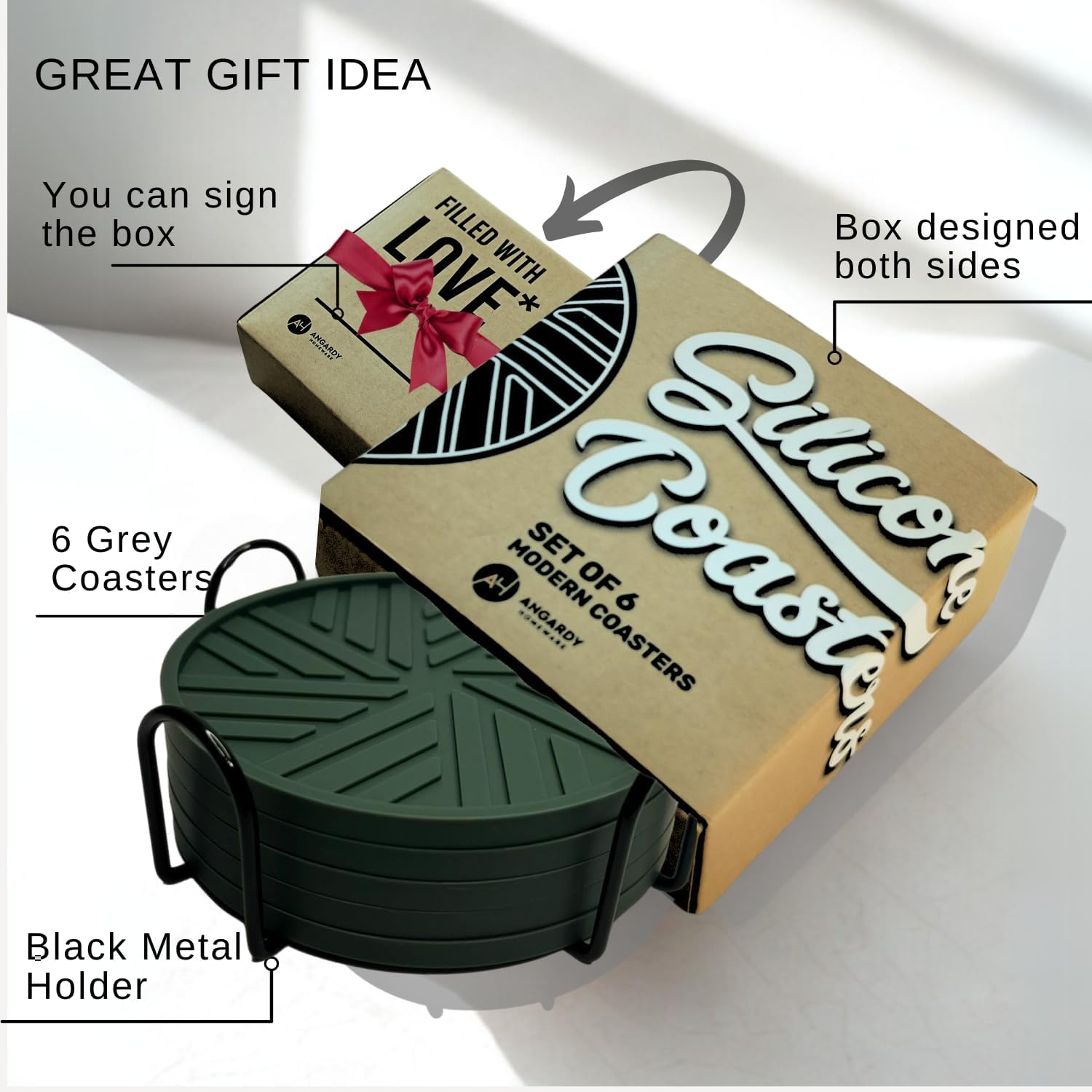 Silicone Coasters with Black Metal Holder, Set of 6, 4-Inch Diameter, Cup Mat for Drink, Stylish Home Decor, Deep Grey