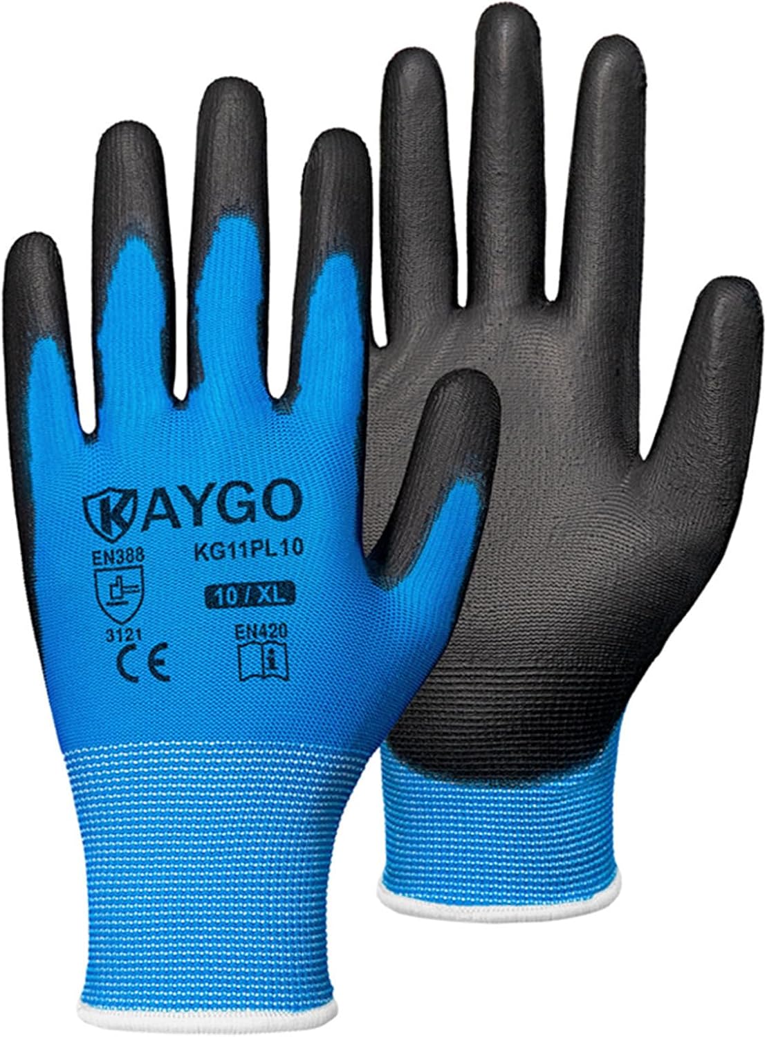 KAYGO Safety Work Gloves PU Coated-60 Pairs, KG11P Seamless Knit Glove with Polyurethane Coated Smooth Grip on Palm & Fingers, for Men and Women, Ideal for General Duty Work,Blue.X-Large
